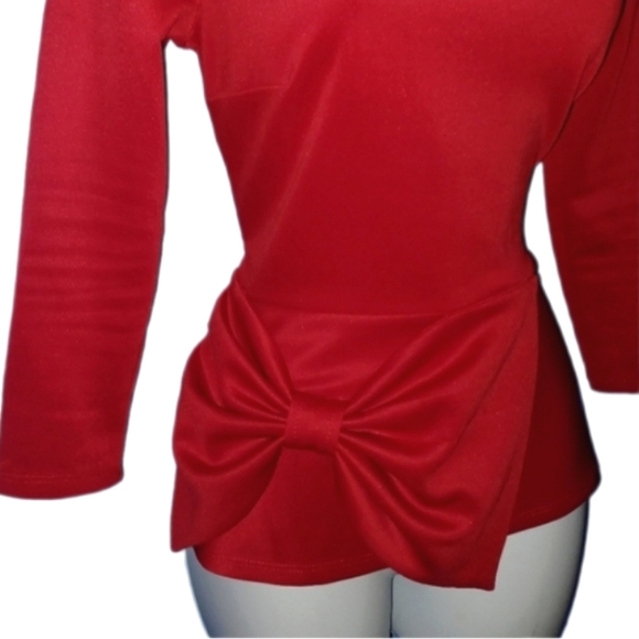 New York & Co. Red Peplum Blouse w/ Bow Design - Picture 2 of 5